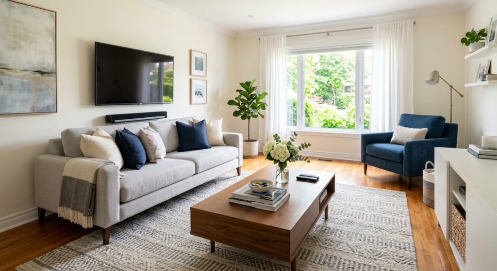Freshly cleaned living room after professional house cleaning service in The Village, OK.