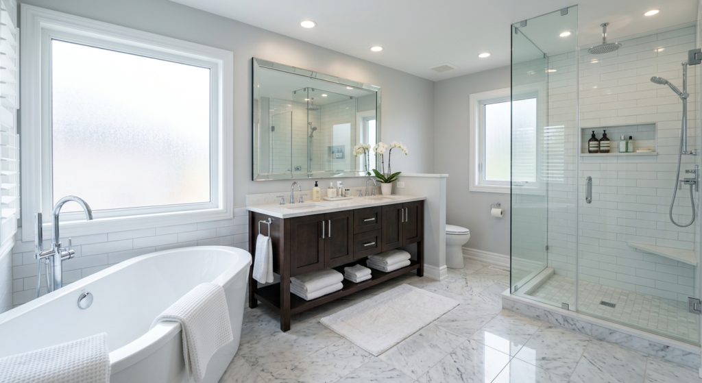 Professionally cleaned master bathroom after house cleaning service in Moore, OK.