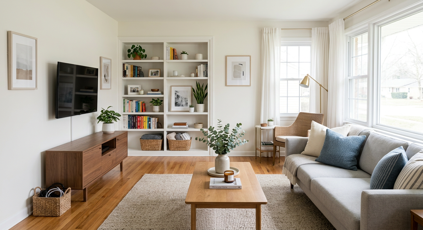 Professional house cleaning service in a clean and organized living room.