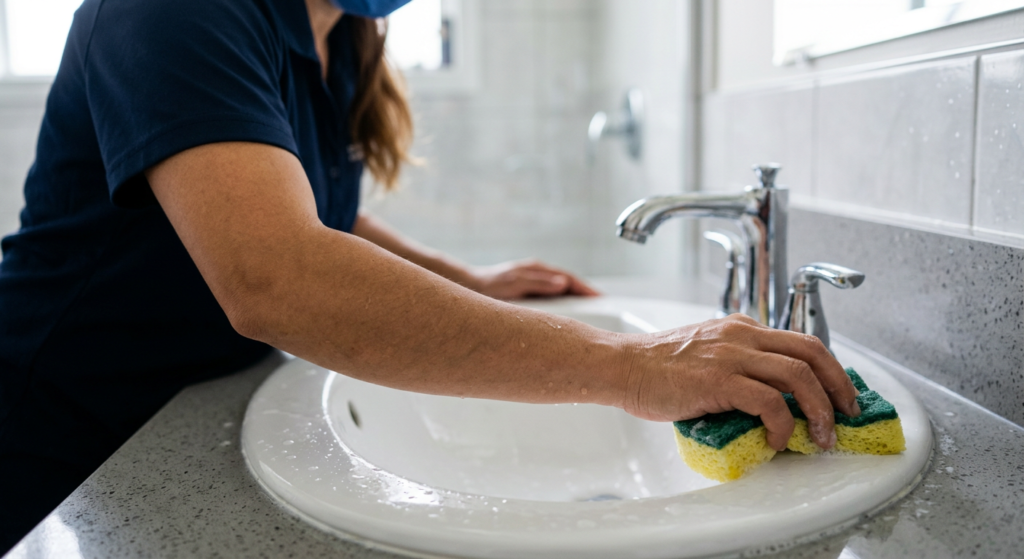 Professional cleaner scrubbing a bathroom sink during a house cleaning service in Edmond, OK