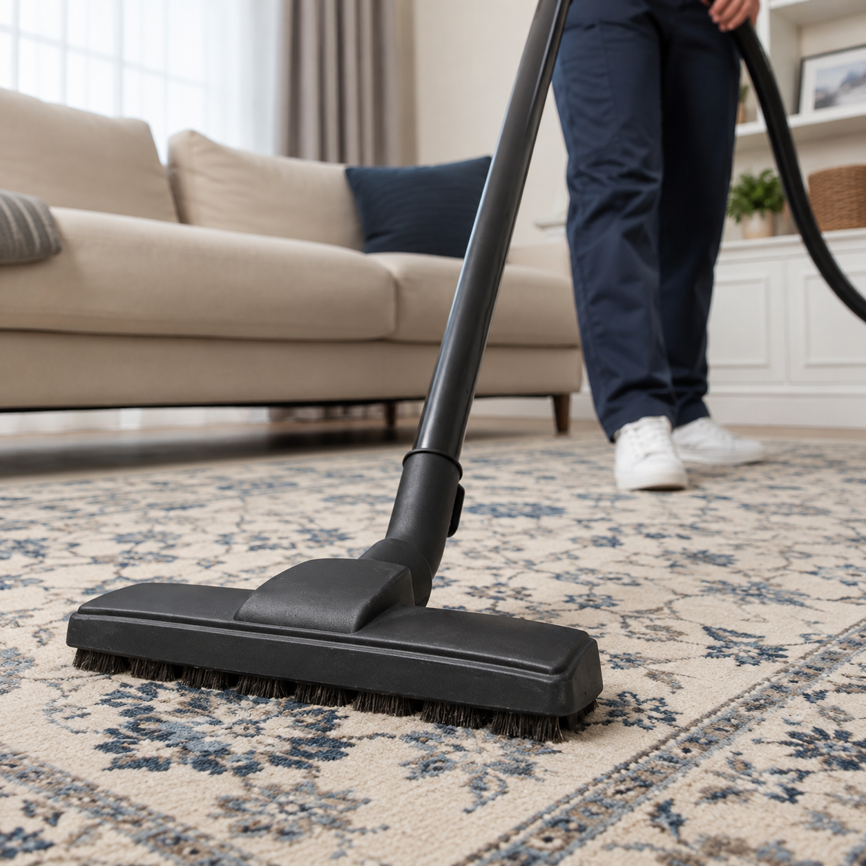 Professional house cleaning service vacuuming a clean area rug in a bright residential living room.